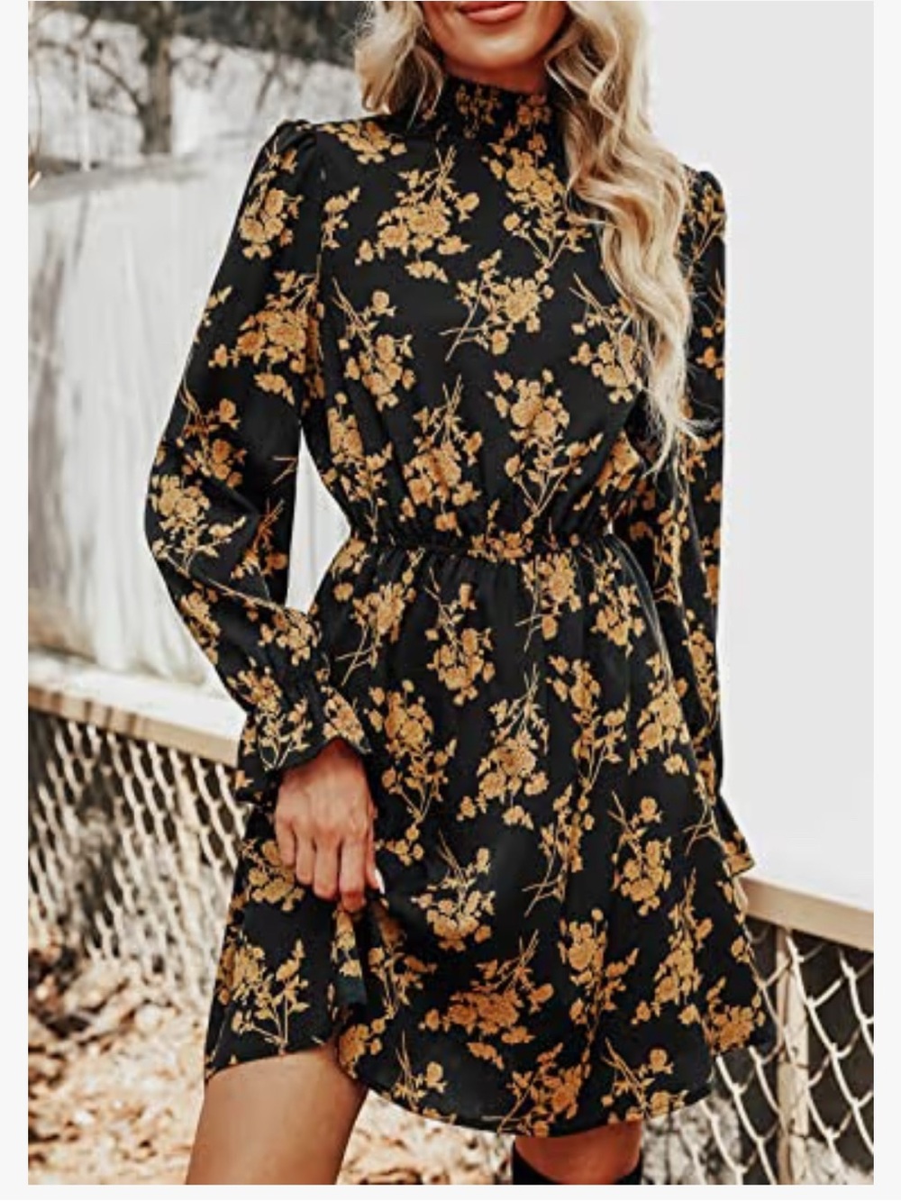 ✨NWT✨Cupshe Black Long-Sleeve Mock Neck Dress with Gold/Orange Floral Print